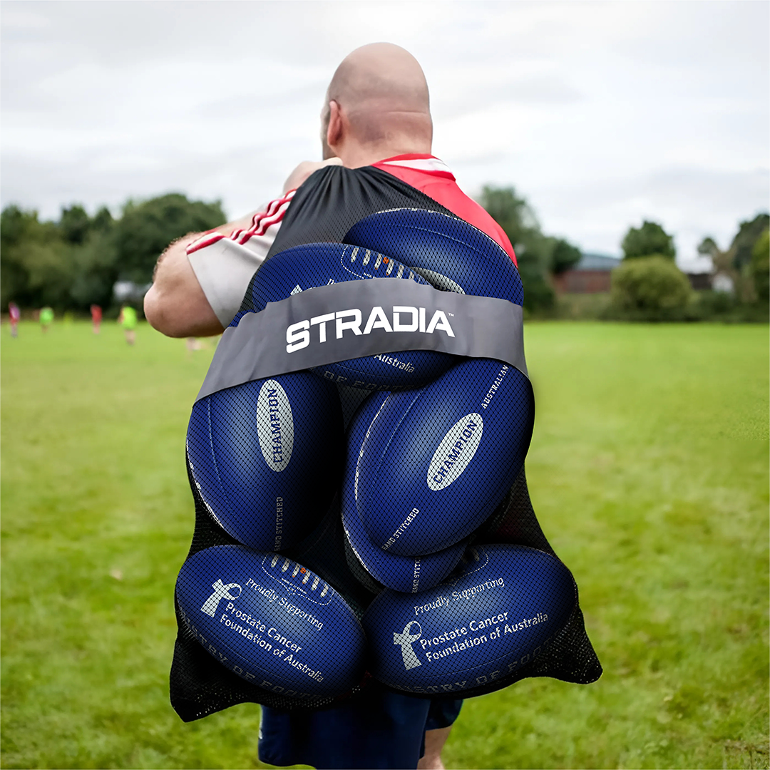 STRADIA x PCFA “CHAMPION” Soft Foam AFL Ball – Size 5 – Support Prostate Cancer Foundation Australia – Premium Soft Feel – Pack of 20 with FREE Mesh Storage Bag