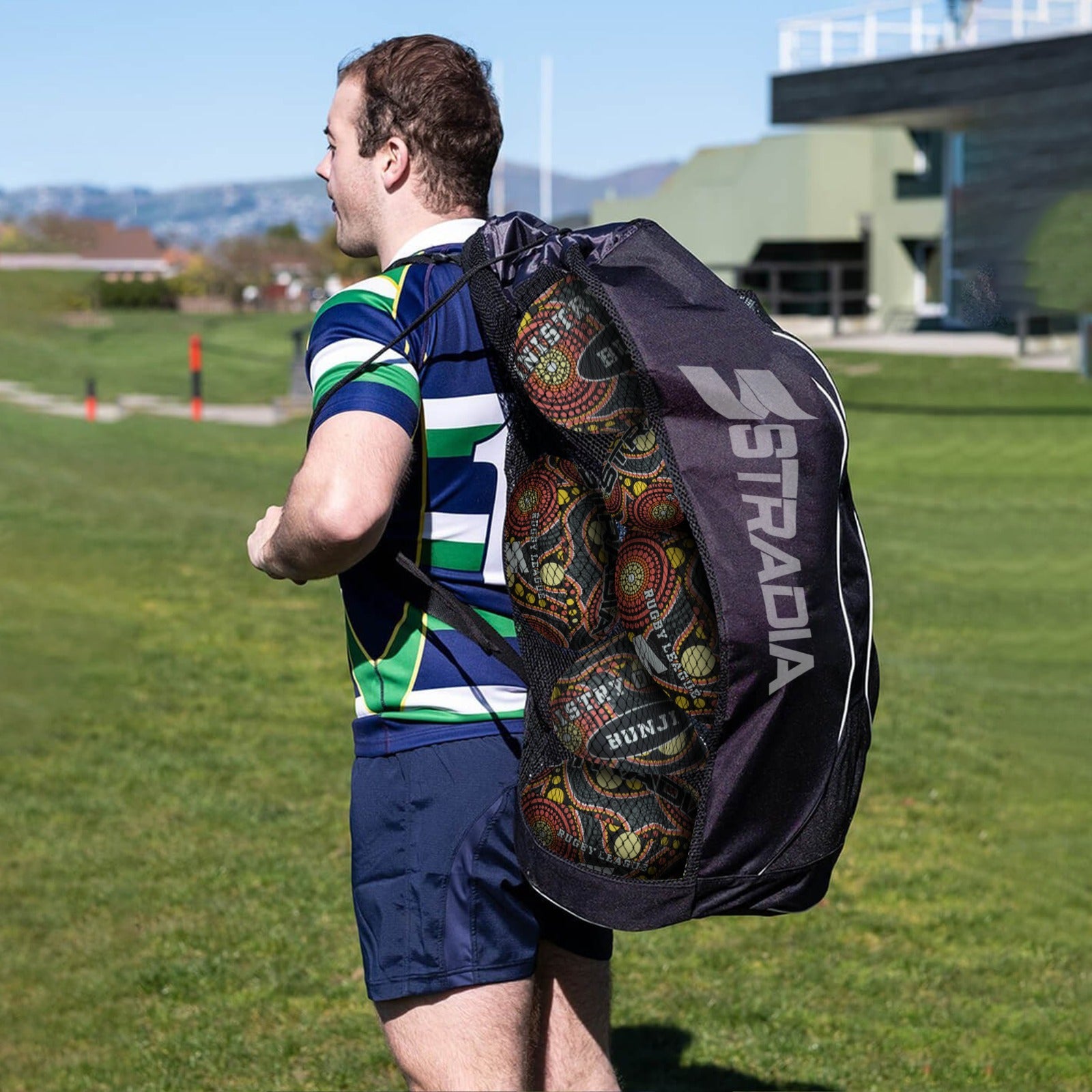 STRADIA “BUNJI” Rugby League Ball – Size 5 – First Nations Collection – Premium Grip & Hand-Sewn Quality – Pack of 10 with FREE Mesh Storage Bag